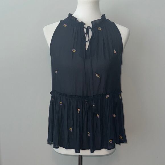 Loft Blue Sleeveless Embroidered Floral Baby doll Sheer Top Blouse Women's Small - Picture 1 of 6